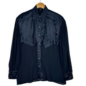 Vintage Escada Silk Blouse Black Satin Sheer Long Sleeve‎ Button Front Size 38